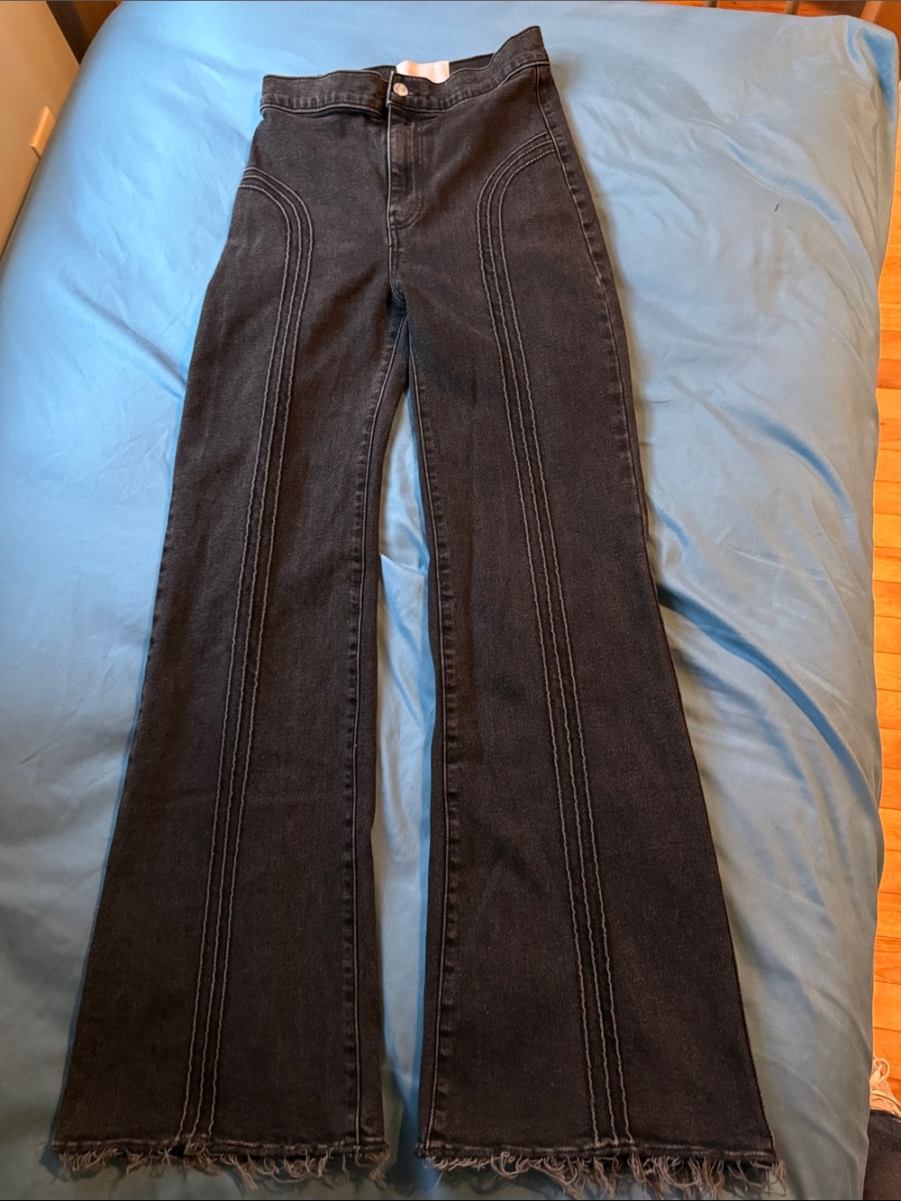 Revice Denim Women's 29 Black Wash Flare Jeans Raw Hem Made in USA High Rise